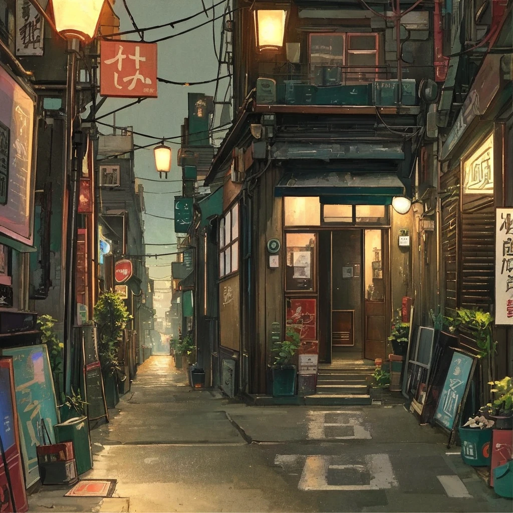 (masterpiece、Highest quality、Highest quality、Official Art、Beautiful and aesthetic:1.2)、Near future、Blade runner、Slum Street、Late at night、Lo-fi Hip Hop、Cafe with small lights、Residential Street、silence、It's raining a little、人いない景色アニメ background, アニメ wallpaper, アニメ, アニメ style, praise, praise style, Modern Japanese streets, Mountain々, Uphill, Modern Japanese architecture, Japanese Convenience Stores, big retro japanese Store sign, Retro Japanese shop, wood, plant, rock, Wood flower pot, Store sign, Japanese Banner, Japanese Signs, flag, sunrise, Golden Hour, Golden lighting, Empty Streets, no one in sight, (no one: 1), Highest quality
