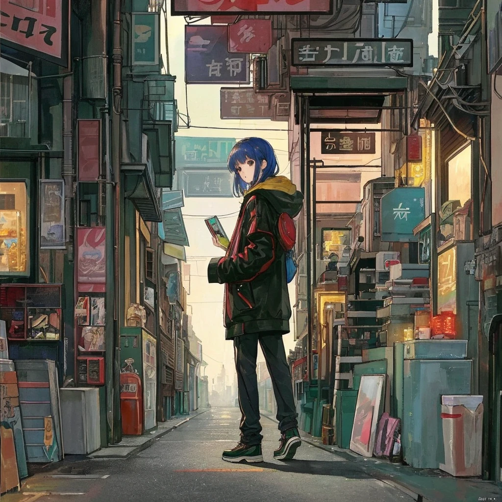(masterpiece、Highest quality、Highest quality、Official Art、Beautiful and aesthetic:1.2)、Near future、Blade runner、Slum Street、Late at night、Lo-fi Hip Hop、Cafe with small lights、Residential Street、silence、It's raining a little、人いない景色アニメ background, アニメ wallpaper, アニメ, アニメ style, praise, praise style, Modern Japanese streets, Mountain々, Uphill, Modern Japanese architecture, Japanese Convenience Stores, big retro japanese Store sign, Retro Japanese shop, wood, plant, rock, Wood flower pot, Store sign, Japanese Banner, Japanese Signs, flag, sunrise, Golden Hour, Golden lighting, Empty Streets, no one in sight, (no one: 1), Highest quality