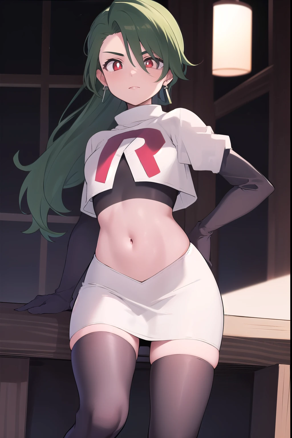 absurdres, best quality, 1girl, solo, eye focus, looking at viewer,  rika, ahoge, ponytail, bright pupils, white pupils, earrings, green hair, red eyes, bright pupils, team rocket,team rocket uniform,white skirt,red letter R,crop top,black thigh-highs,black elbow gloves