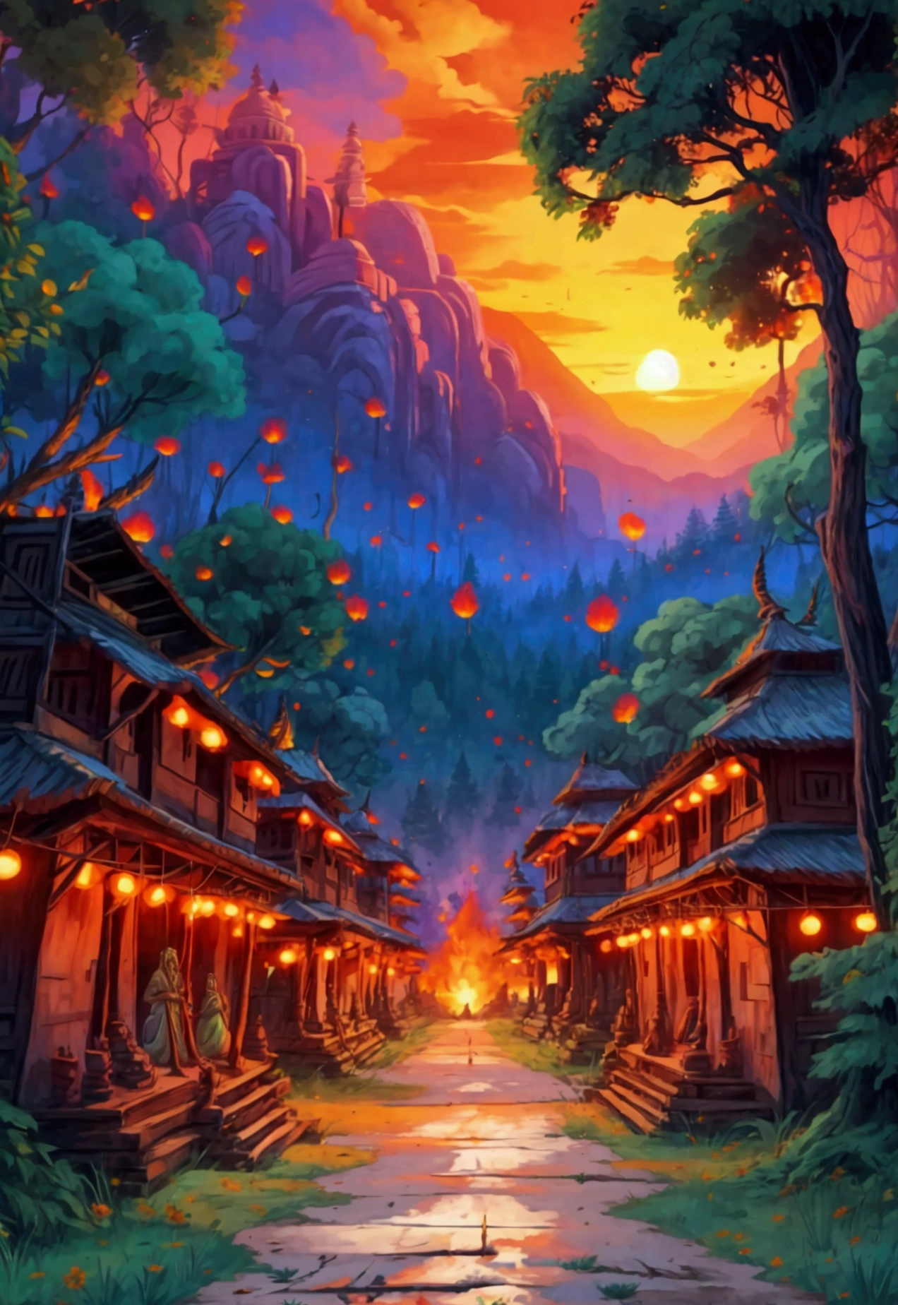 a huge Indian village in the middle of the forest, with spears on fire, with a psychedelic sunset
