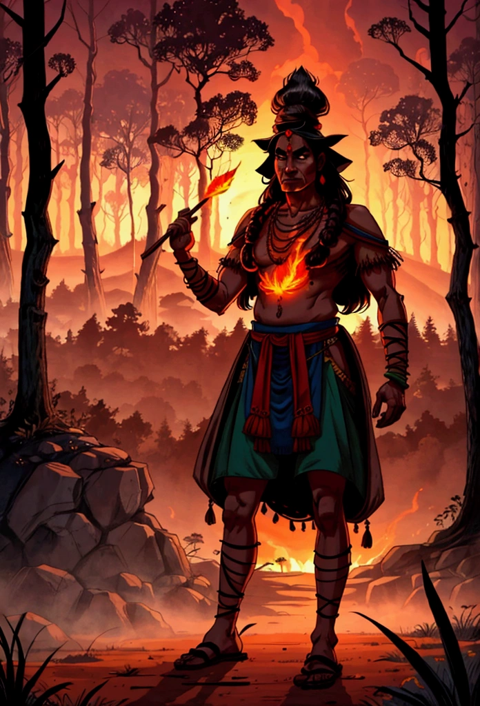 a huge Indian village in the middle of the forest, with spears on fire, with a psychedelic sunset