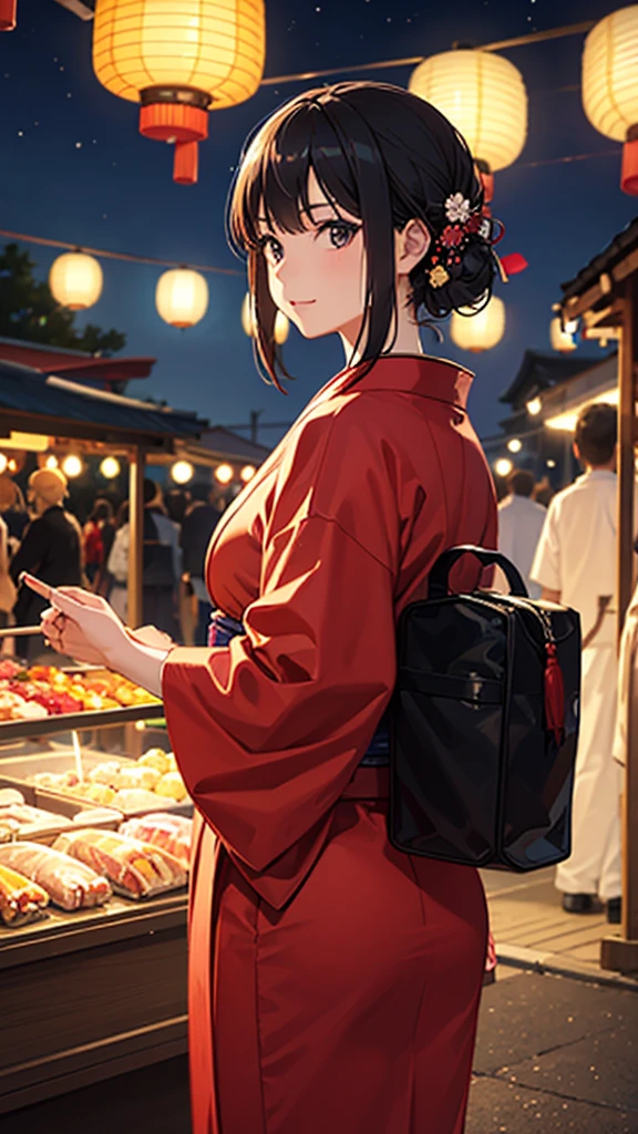 photorealistic,ultrarealistic,japanese young girl,wearing red yukata,lanterns,and night market stalls in the background,at a summer festival with fireworks