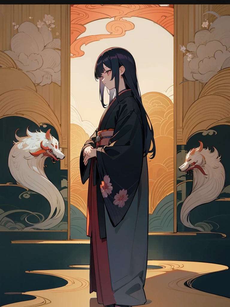 Anime illustration、high quality、masterpiece、14 year old girl、Long straight black hair、Eyes are violet、Flower pattern long-sleeved kimono、Tsujigahana pattern、Hair decoration、In the background, he stands in front of a folding screen depicting the Tale of Genji, a Heian period picture scroll.、A garden where evening glories bloom、The season is summer dusk