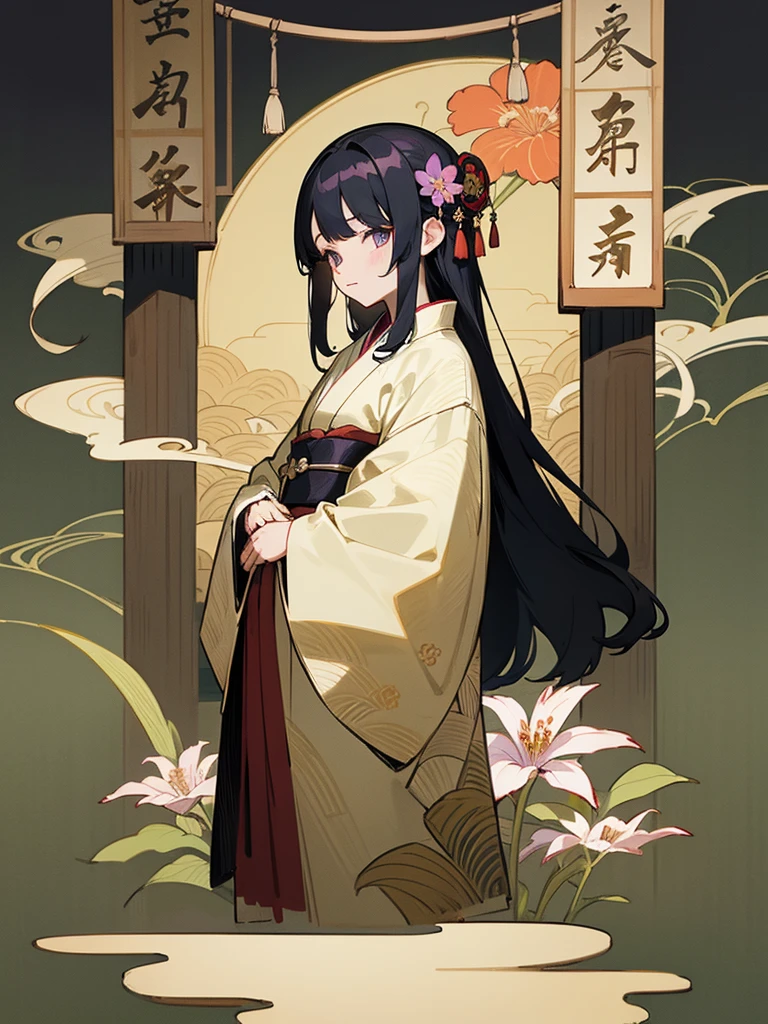 Anime illustration、high quality、masterpiece、14 year old girl、Long straight black hair、Eyes are violet、Flower pattern long-sleeved kimono、Tsujigahana pattern、Hair decoration、In the background, he stands in front of a folding screen depicting the Tale of Genji, a Heian period picture scroll.、A garden where evening glories bloom、The season is summer dusk