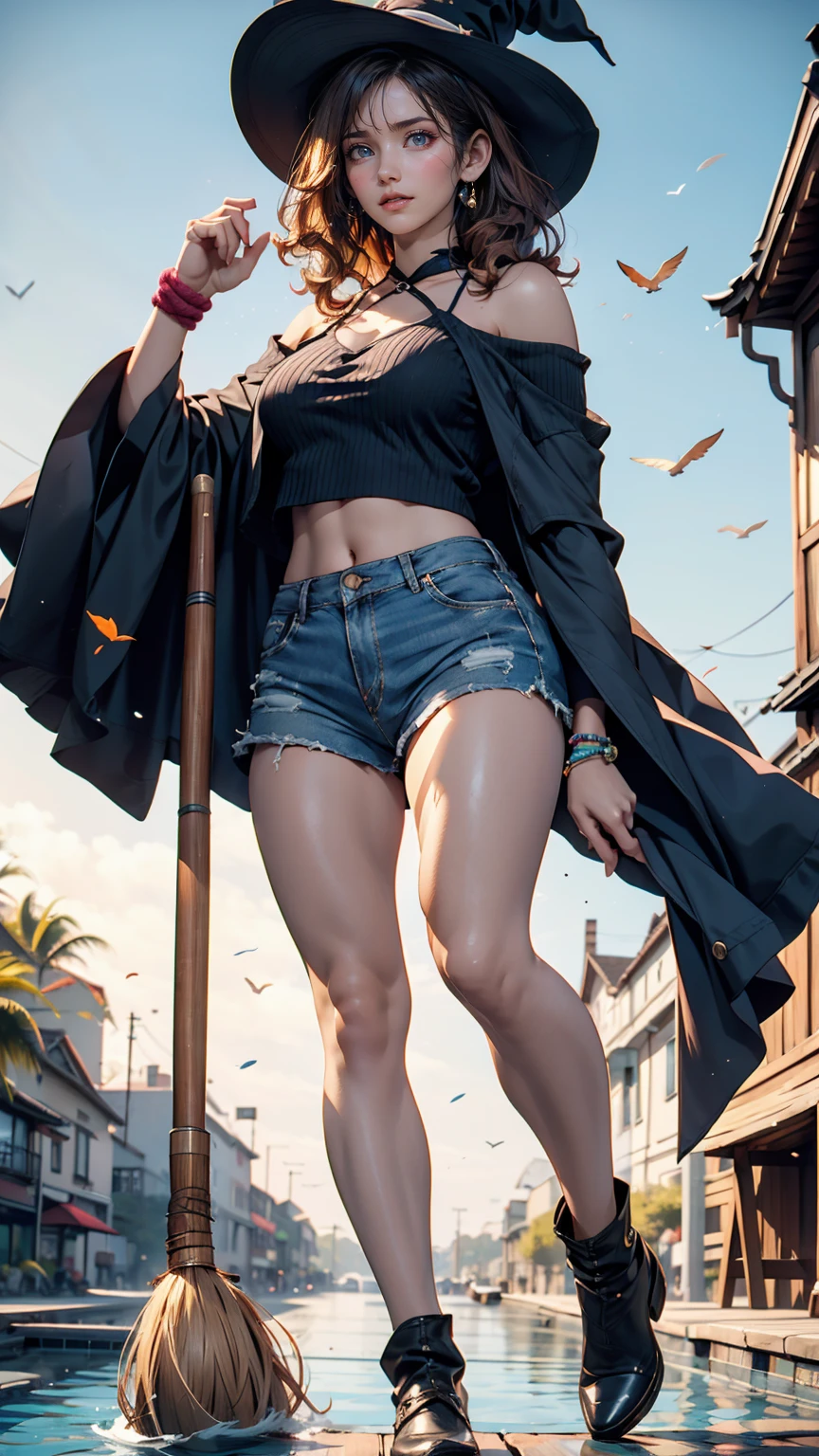 Old woman、Sexy proportionature female body、Bleached Hair, Model pose, Delicate skin types, Light curly hair、Hair model photo、Twin tails、Orange gradient color、Scrunchies on the wrist、Sexy proportions、Off-the-shoulder tops、Navel visible、Shorts、short boots、She is a witch、Has mastered the magic of flying、Flying on a magic broomstick just above the water、Fly through the sky on a magic broom like Harry Potter、A small island on the horizon々Scattered、Clearing blue sky