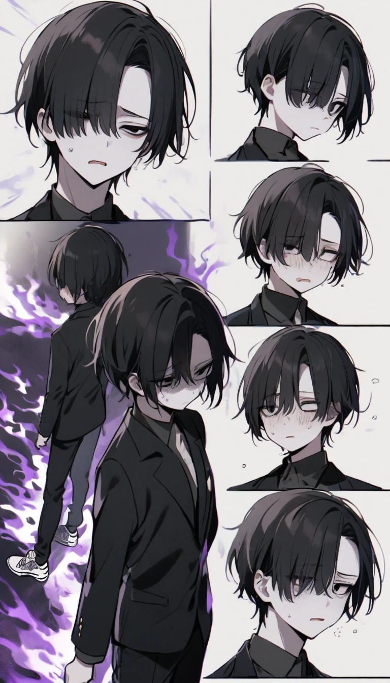 " Boy with black hair ,curtain bangs hairstyle, white iris ,black eyes,pale skin. Wearing a black school blazer, ,black pants,and sneakers,dark aura , depressed expression"