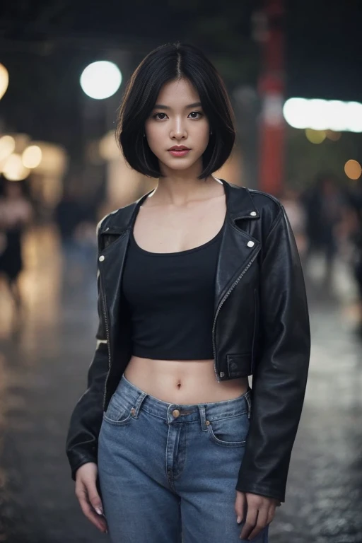 (color picture), Realistic photos of beautiful Asia.、Slender stomach, (Dark brown bob haircut), medium sized breast, round chest, perfect breasts,((dark black cloth underwear )),((Wear a biker jacket and biker clothes., deep neck line, Police badge)), ((Wear jeans.)), As she confidently poses in front of the camera, , The background is a blur of movement and ((Bokeh)), There is light shining from right to left.. Feeling connected to the audience, full body, rain