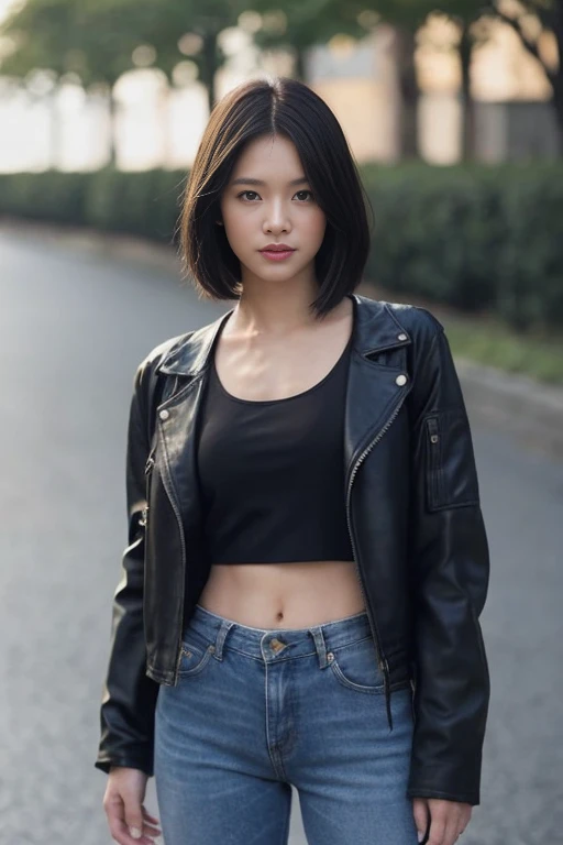 (color picture), Realistic photos of beautiful Asia.、Slender stomach, (Dark brown bob haircut), medium sized breast, round chest, perfect breasts,((dark black cloth underwear )),((Wear a biker jacket and biker clothes., deep neck line, Police badge)), ((Wear jeans.)), As she confidently poses in front of the camera, , The background is a blur of movement and ((Bokeh)), There is light shining from right to left.. Feeling connected to the audience, full body, rain