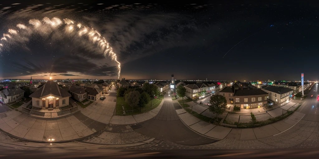 Equirectangular 360-degree panorama view photo with left and right ends seamlessly connected. midnight, town