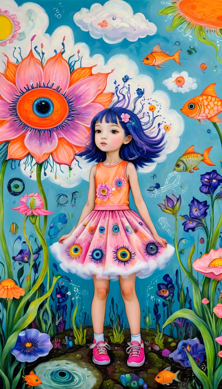 Children's graffiti,Thick coating,Concave and convex texture,Oil pastel strokes: monster wearing a pink flower bud skirt,A cloud,、iris、fish、Tentacles、bird、Eye、diatom,Abstract mosaic painting,Describing the inner world of autistic people,Sense of space,White Space,interesting,Innocence,Psychedelic Art,Orange overall