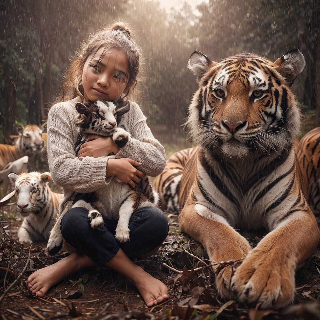 , Indonesian girl, rain, rain under the tree, tiger, sheep, forest