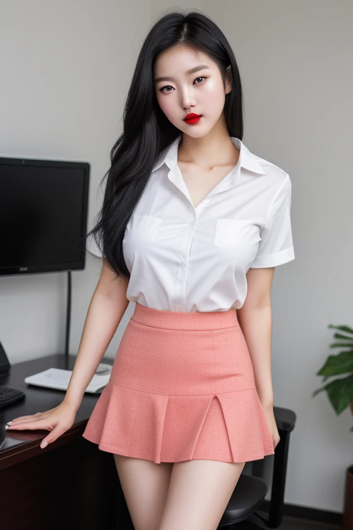  1 korean girl, strikingly beautiful, black hair, big breasts, delicate facial features, porcelain skin, red lips,expressive eyes, (masterpiece:1.2), super high quality, (Super realistic), (Super Photo Style), 1 girl, sexy 18 year old girl, slender body, thin thighs, At the office, Fashionable hairstyles, skirt, shirt, 