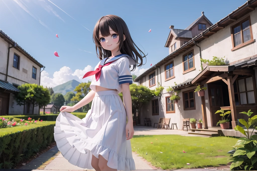 (masterpiece), town, blue sky, One Girl, smile, alone, Sailor suit、Long skirt, Overgrown, petal, plant、Skirt lining、Translucent slip、nostalgic