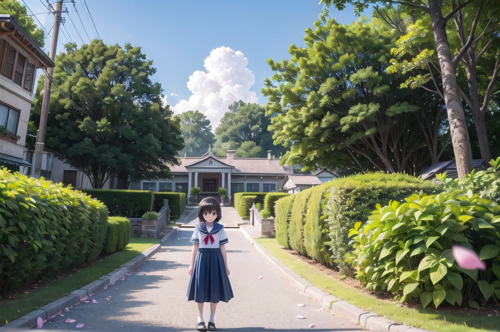 (masterpiece),  town,  blue sky,  One Girl,  smile,  alone,  Sailor suit、Long skirt,  Overgrown,  petal,  plant、Skirt lining、Translucent slip、nostalgic