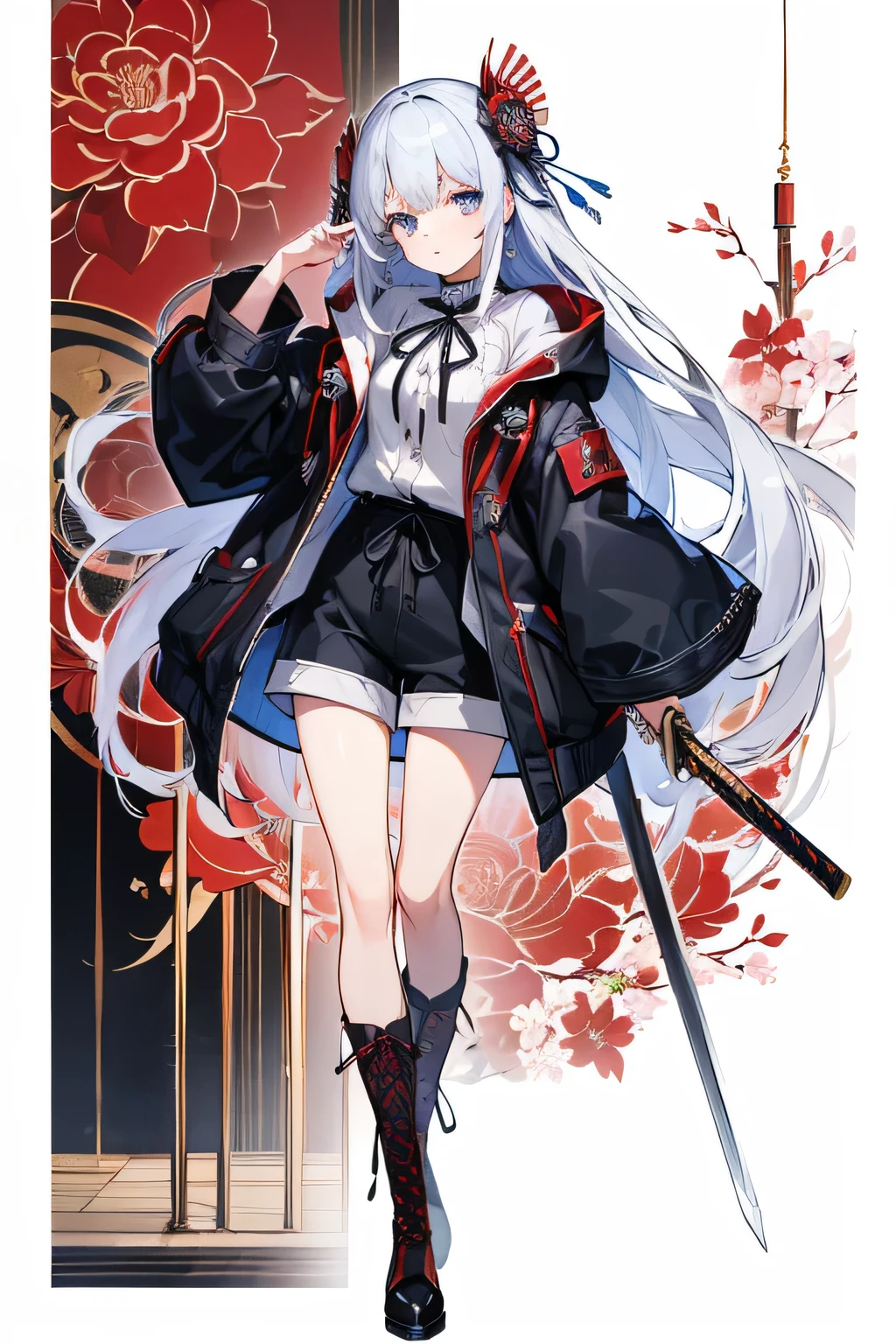 ((Highest quality)), ((masterpiece)), (detailed), One girl, 、delicate、short silver hair、Ultramarine eyes、Bright and intelligent、Red camellia hair ornament、Japanese sword、Black-based techno clothing、Lace-up boots、Hooded jacket、Shorts