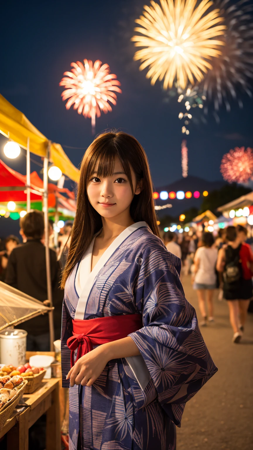 photorealistic,ultrarealistic,japanese young girl,wearing red yukata,lanterns,and night market stalls in the background,at a summer festival with fireworks