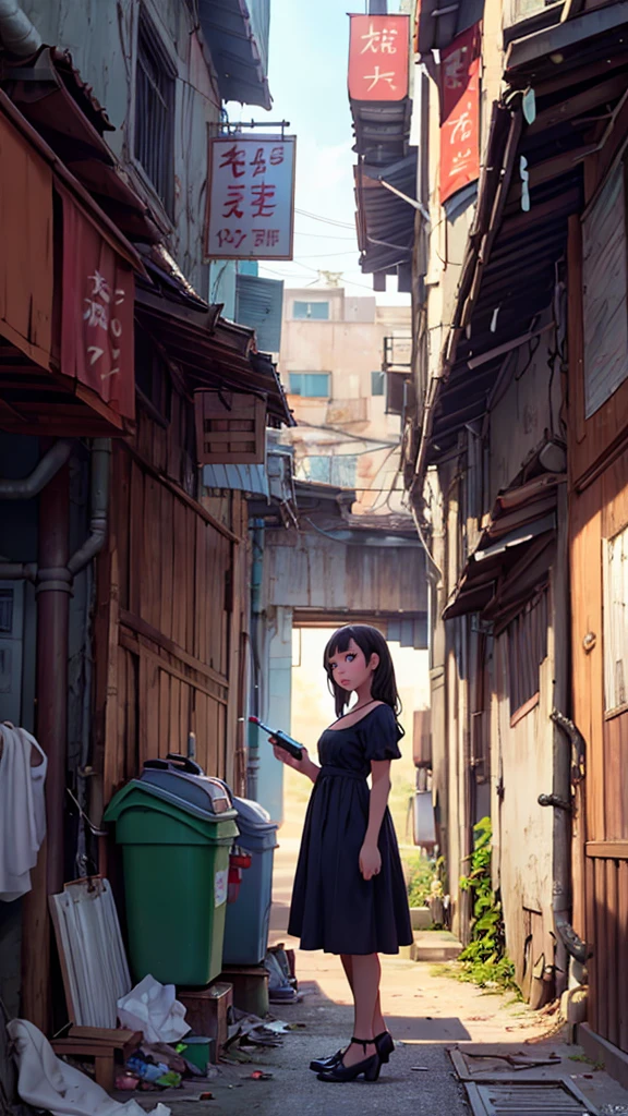 ((Masterpiece, Best Quality)),a woman, Alone, dress, standing, halo, alley, outdoor, hits, white dress, by white, wide, black shoes, industrial pipe, looking at the viewer, air-conditioning,dark lighting, garbage, garbage bin, hxh2011 