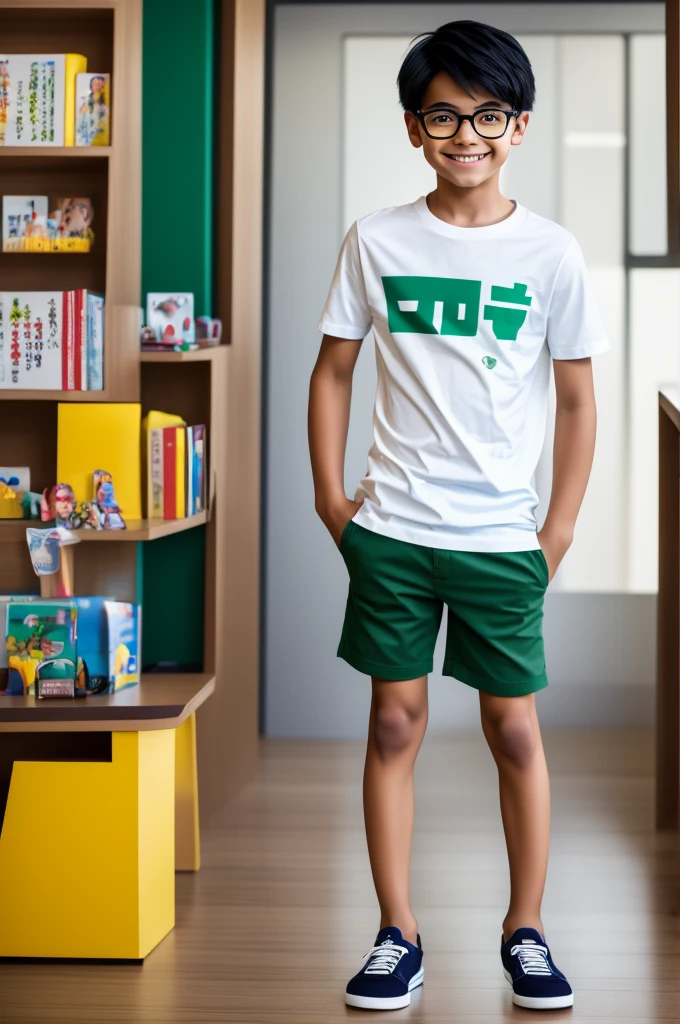 A cartoon boy character standing in the center, with a cheerful expression. He has short black hair, large round glasses, and a yellow T-shirt with black Japanese characters that read “太郎”. He is wearing khaki shorts, white socks with blue and green stripes, and gray sneakers. His hands are on his hips, and he is smiling widely. The background is plain white. The lighting is even and soft, casting no shadows. The boy’s posture is upright and confident, with legs slightly apart.