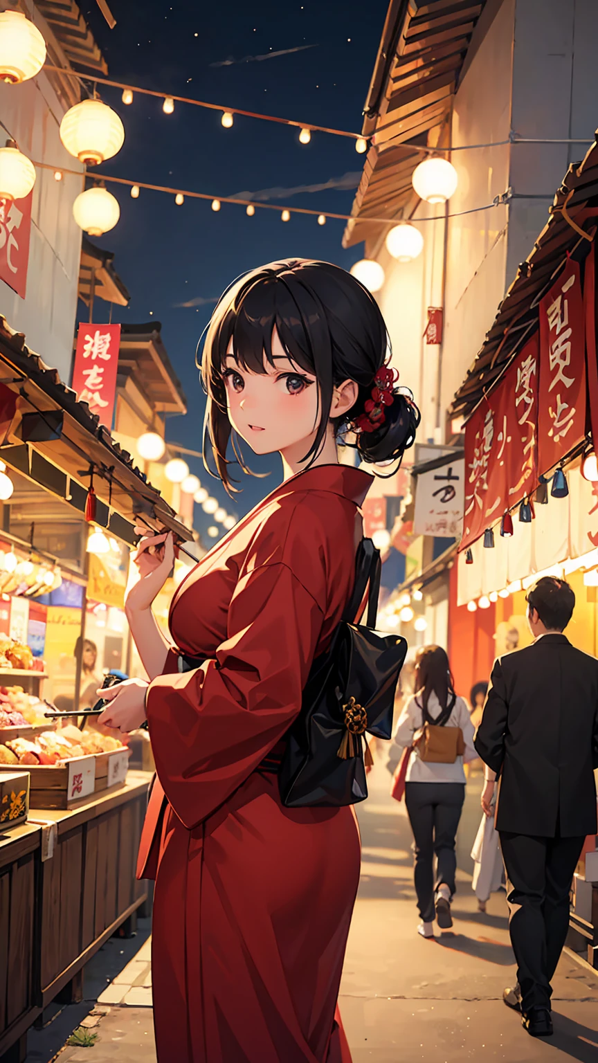 photorealistic,ultrarealistic,japanese young girl,wearing red yukata,lanterns,and night market stalls in the background,at a summer festival with fireworks