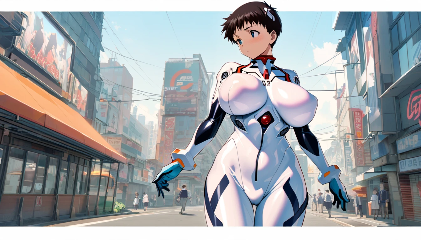 Evangelion plugsuit, male focus, Shinji Ikari, school uniform 碇真嗣 Super huge big breasts breast enlargement sci-fi city full-body shot