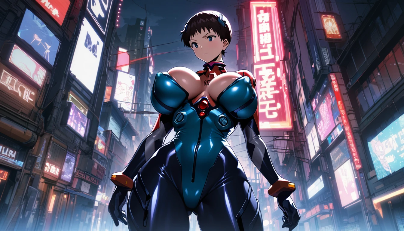 Evangelion plugsuit, male focus, Shinji Ikari, school uniform 碇真嗣 Super huge big breasts breast enlargement sci-fi city full-body shot