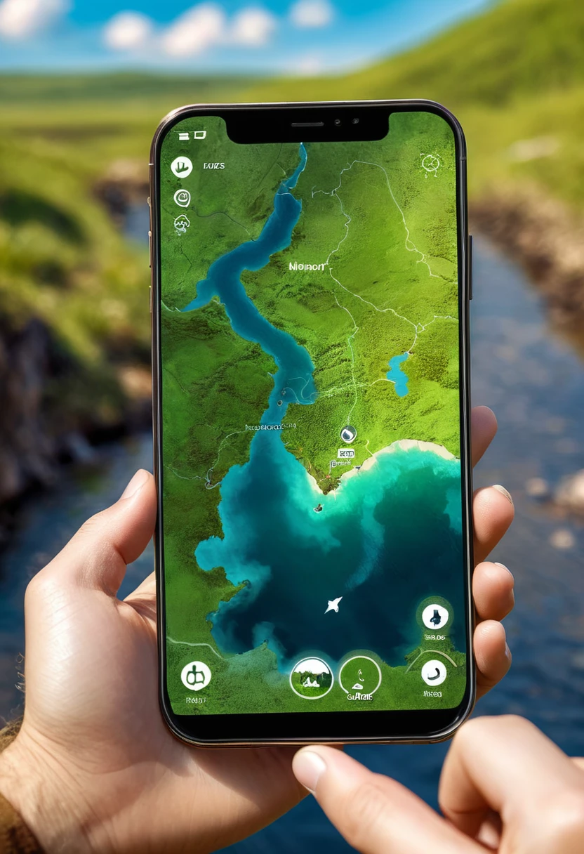 It's very realistic, with a smartphone in your hand and a map displayed on the smartphone screen, There are signs of a fantastic landscape in the depths of the image, outdoor