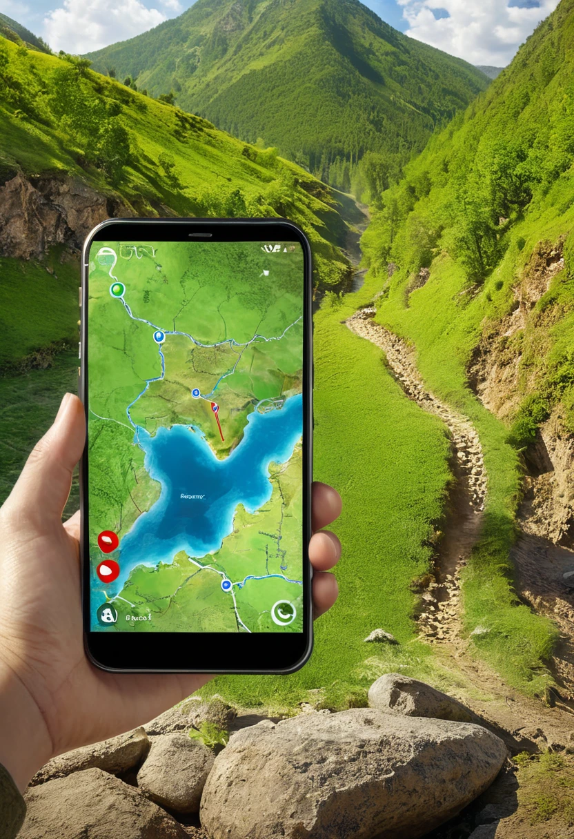 It's very realistic, with a smartphone in your hand and a map displayed on the smartphone screen, There are signs of a fantastic landscape in the depths of the image, outdoor