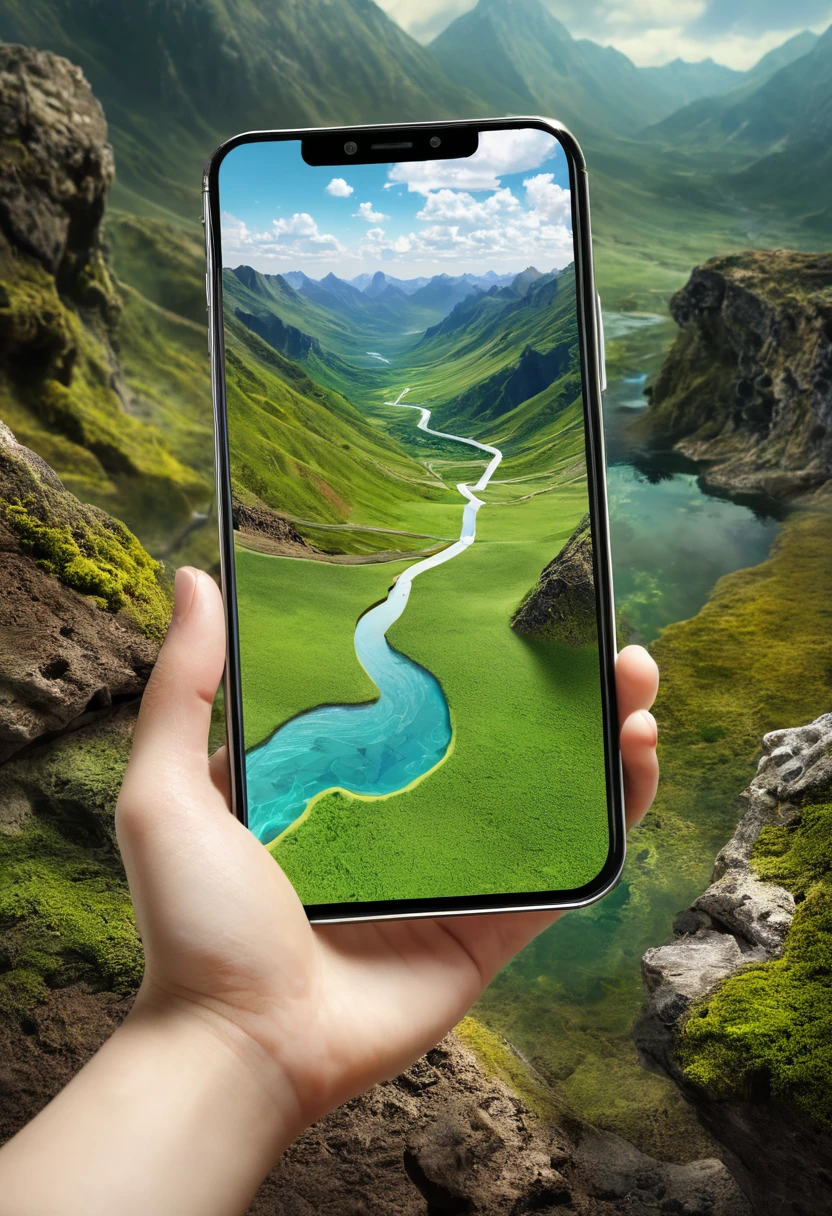 It's very realistic, with a smartphone in your hand and a map displayed on the smartphone screen, There are signs of a fantastic landscape in the depths of the image, outdoor