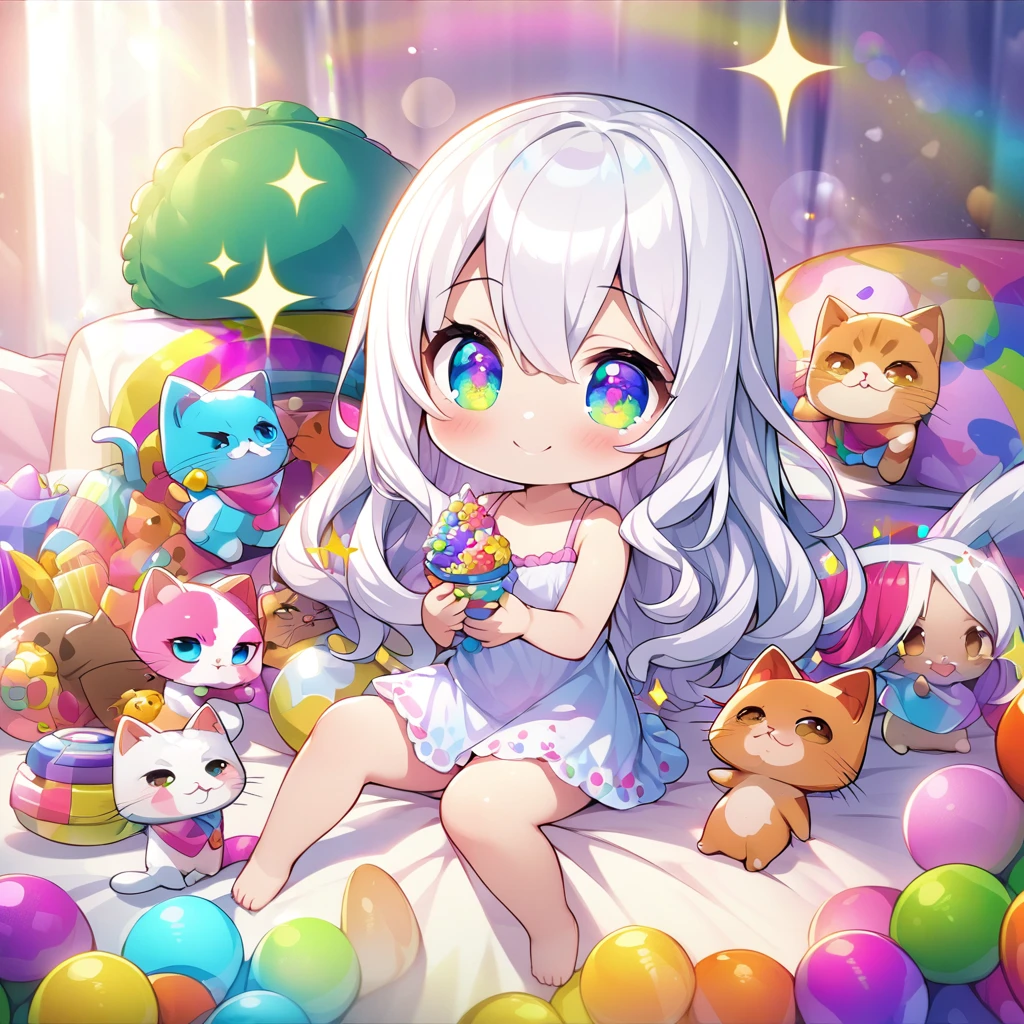 masterpiece, best quality, 4k、2D illustration、one beautiful girl、solo、(((chibi style)))、((vivid colors))、cute chibi、lovely chibi、((long beautiful hair)), glossy white hair, hair between eyes, cute、beautifully detailed eyes、((camisole dresiniskirt))、((colorful))、((happy smile))、sitting on bed、((full body shot))、((kitten)), ((lots of colorful stuff around))、((bed))、sparkle、((lens flare))、