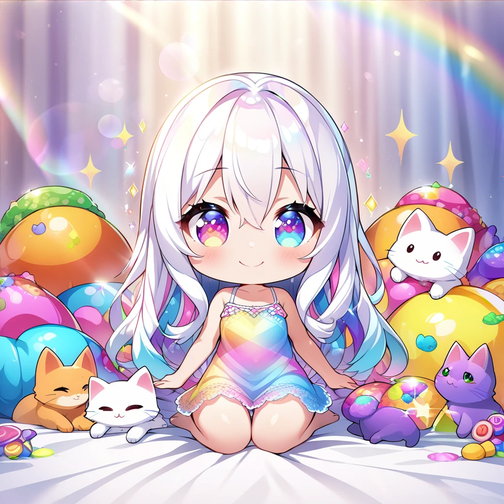 masterpiece, best quality, 4k、2D illustration、one beautiful girl、solo、(((chibi style)))、((vivid colors))、cute chibi、lovely chibi、((long beautiful hair)), glossy white hair, hair between eyes, cute、beautifully detailed eyes、((camisole dresiniskirt))、((colorful))、((happy smile))、sitting on bed、((full body shot))、((kitten)), ((lots of colorful stuff around))、((bed))、sparkle、((lens flare))、