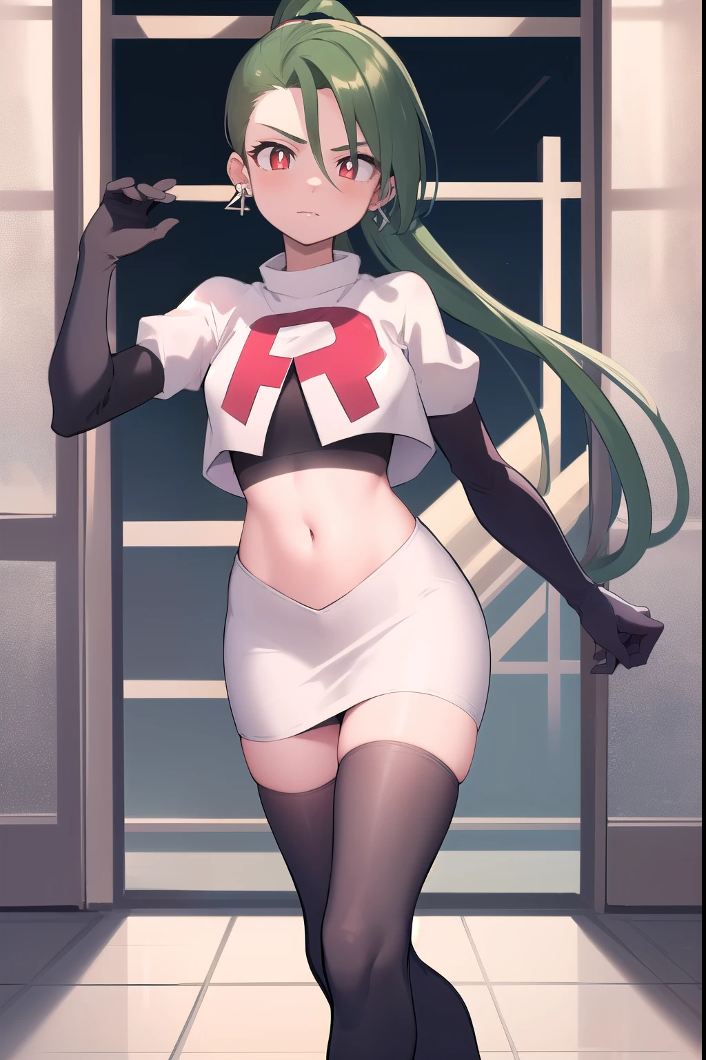 absurdres, best quality, 1girl, solo, eye focus, looking at viewer,  rika, ahoge, ponytail, bright pupils, white pupils, earrings, green hair, red eyes, bright pupils, team rocket,team rocket uniform,white skirt,red letter R,crop top,black thigh-highs,black elbow gloves