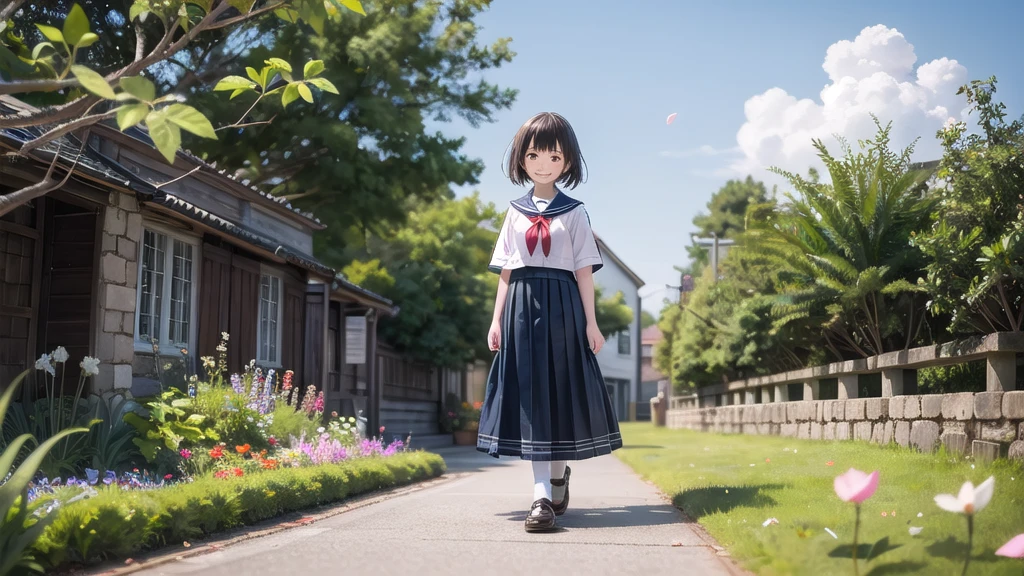 (masterpiece), town, blue sky, One Girl, smile, alone, Sailor suit、Long skirt, Overgrown, petal, plant、Skirt lining、Translucent slip、nostalgic