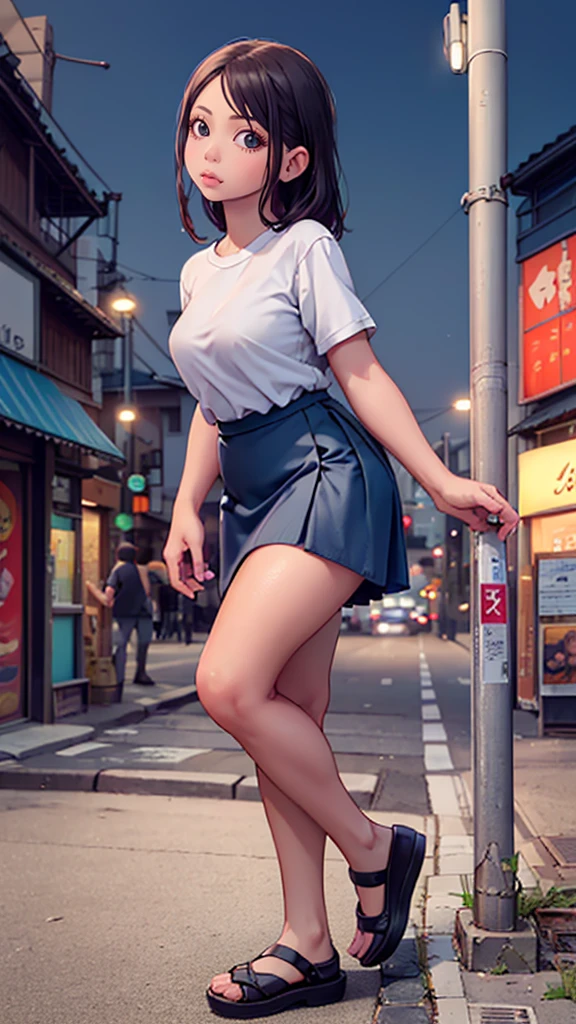 (8k, photo and gross, Masterpiece:1.3), (realist, photo-realist:1.37), (evening), (looking at the viewer:1.331), (by white), posing, tokyo street, eveningcityscape, cyberpunk city, Luz outfit, 1 girl, extremely beautiful face, bust, lower your hands, Random hairStyle, Random expression, large eyes, lower abdomen, (short sleeve .JK_shirt), JK_Style, (JK dark blue_Skirt), (arco JK_atar), mix4., Best Quality