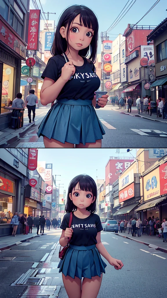 (8k, photo and gross, Masterpiece:1.3), (realist, photo-realist:1.37), (evening), (looking at the viewer:1.331), (by white), posing, tokyo street, eveningcityscape, cyberpunk city, Luz outfit, 1 girl, extremely beautiful face, bust, lower your hands, Random hairStyle, Random expression, large eyes, lower abdomen, (short sleeve .JK_shirt), JK_Style, (JK dark blue_Skirt), (arco JK_atar), mix4., Best Quality