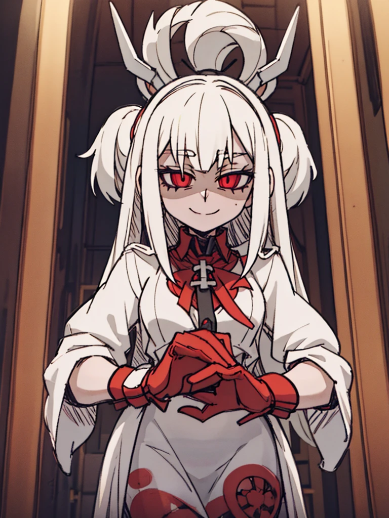 Score_9, score_8_up, score_7_up, score_6_up, gyaru, source_anime, 1girl, solo, macabre and sinister woman, long hair that covers the eyes, sinister and macabre smile, Eyes red, short white dress, mulher dato.