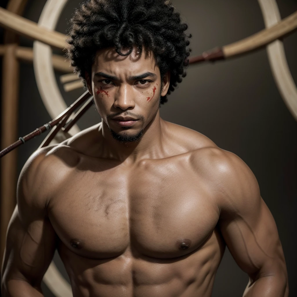 bust of black man with afro hair, some scars on the face, Expression of vengeance, holding a berimbau