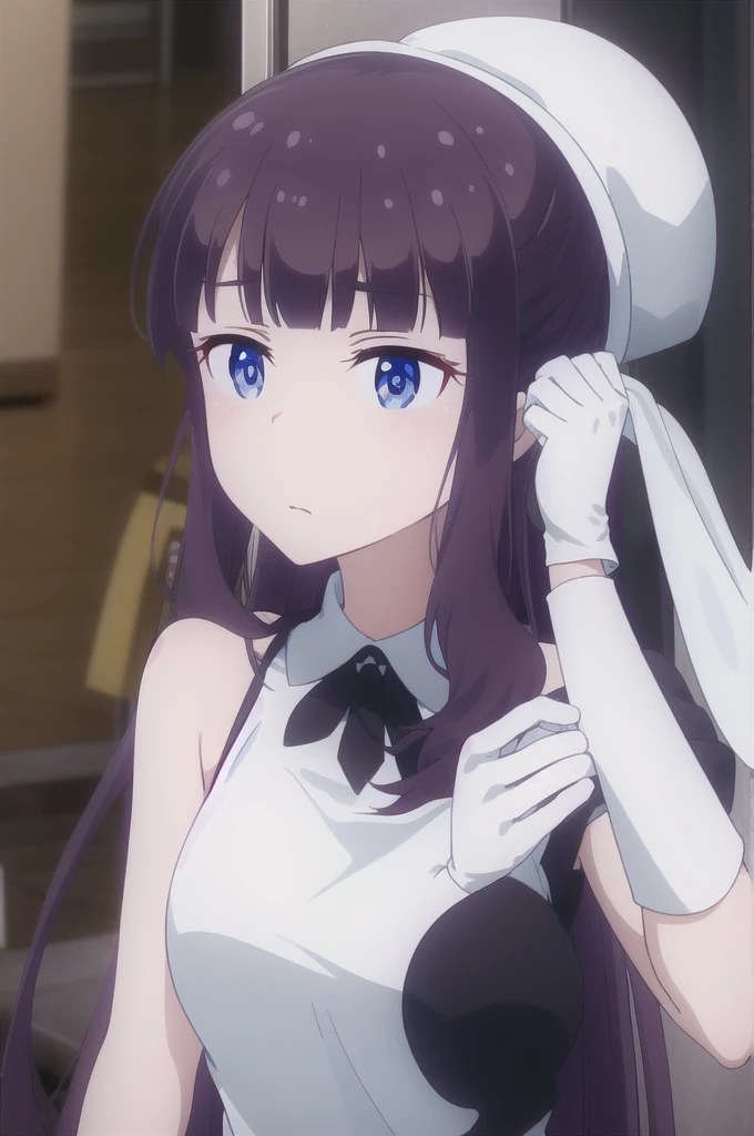 hifumitakimoto, takimoto hifumi, long hair, blush, bangs, blue eyes, ponytail, purple hair, hair bow, bow, BREAK gloves, hat, dress, bow, bare shoulders, sleeveless, elbow gloves, white gloves, white dress, witch hat, white headwear, pelvic curtain, side slit, low-tied long hair, large hat, BREAK outdoors, city, BREAK (masterpiece:1.2), best quality, high resolution, unity 8k wallpaper, (illustration:0.8), (beautiful detailed eyes:1.6), extremely detailed face, perfect lighting, extremely detailed CG, (perfect hands, perfect anatomy),