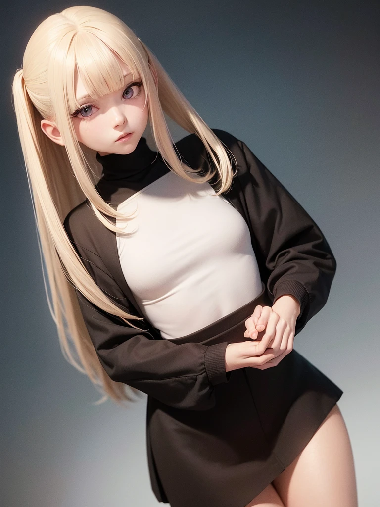 (best quality), 1girl, female, porcelain skin, blonde hair, straight hair, medium hair, swoopy tips, Flipped-up ends, brown eyes, perfect eyes, crop turtleneck top, black skirt, slender, , small bust, shy, masterpiece, anatomically correct, highres
