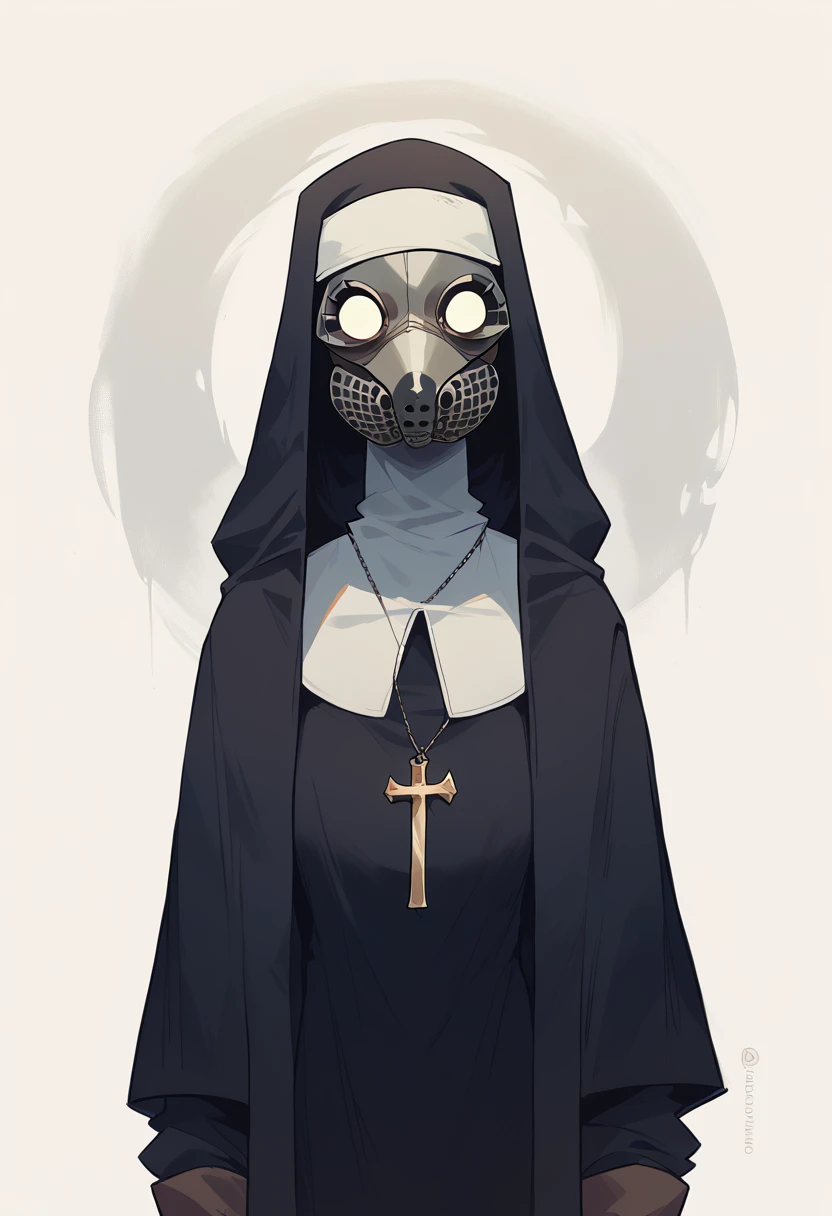 Plague doctor, 1 girl, standing alone, hooded cloak, mask, mitts, with no face, Plague doctor mask, Cao Cao, (nun clothes)