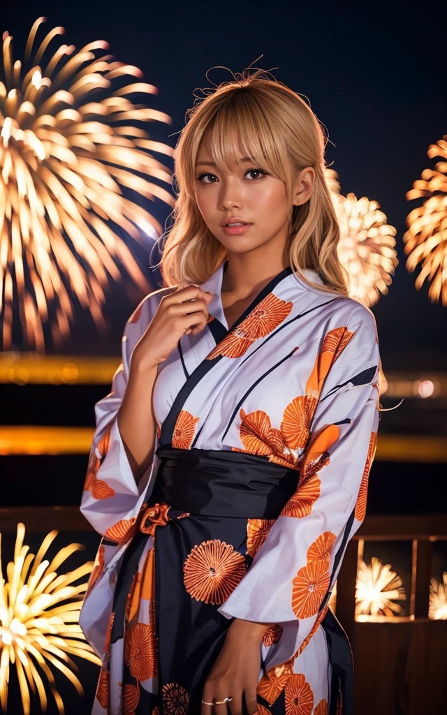 gyaru, dark-skinned, shiny oiled skin, blond hair, wearing japanese yukata, standing , dark-night, deep fog, orange rantan light, Fireworks Festival Venue, Fireworks in the background, cinematic lighting