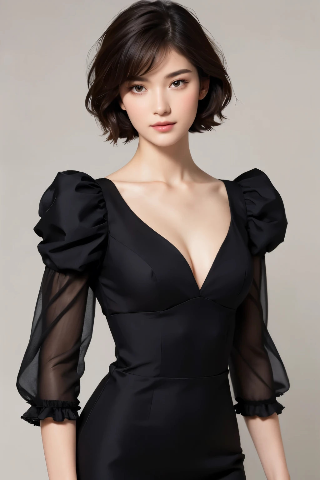 (highest resolution, distinct_image) Best quality, single person, one woman, solo, masterpiece, highly detailed, semi realistic, black short hair, black hair, bangs, 18 years old, mature, victorian era girl, frills, elegant dress, slight cleavage, exquisite designer dress, gentle, authoritative, powerful, exquisite facial features, exquisite facial features, perfect body anatomy, slender but curve, cute and sexy, confident, elegant pose, 