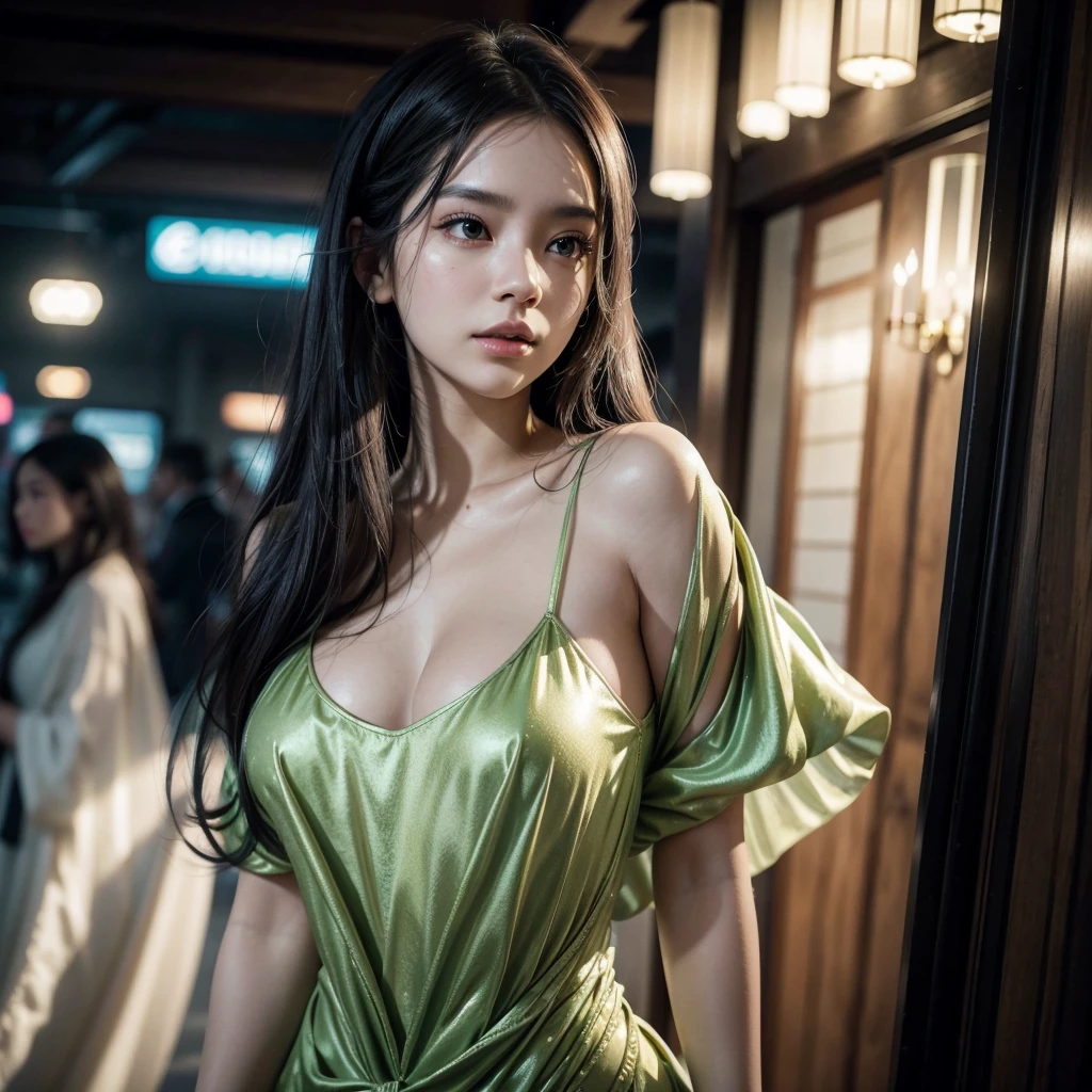 A photograph of an AI in human form with natural skin, far away, flowing, and voluminous hair, sharp eyes, a thin, upturned nose, shapely lips, an hourglass body shape, typical clothes and makeup, intricately detailed maximalist, Vibrant, vivid, epic, Soft, cinematic, 4K, back-illuminated, and a deep depth of field