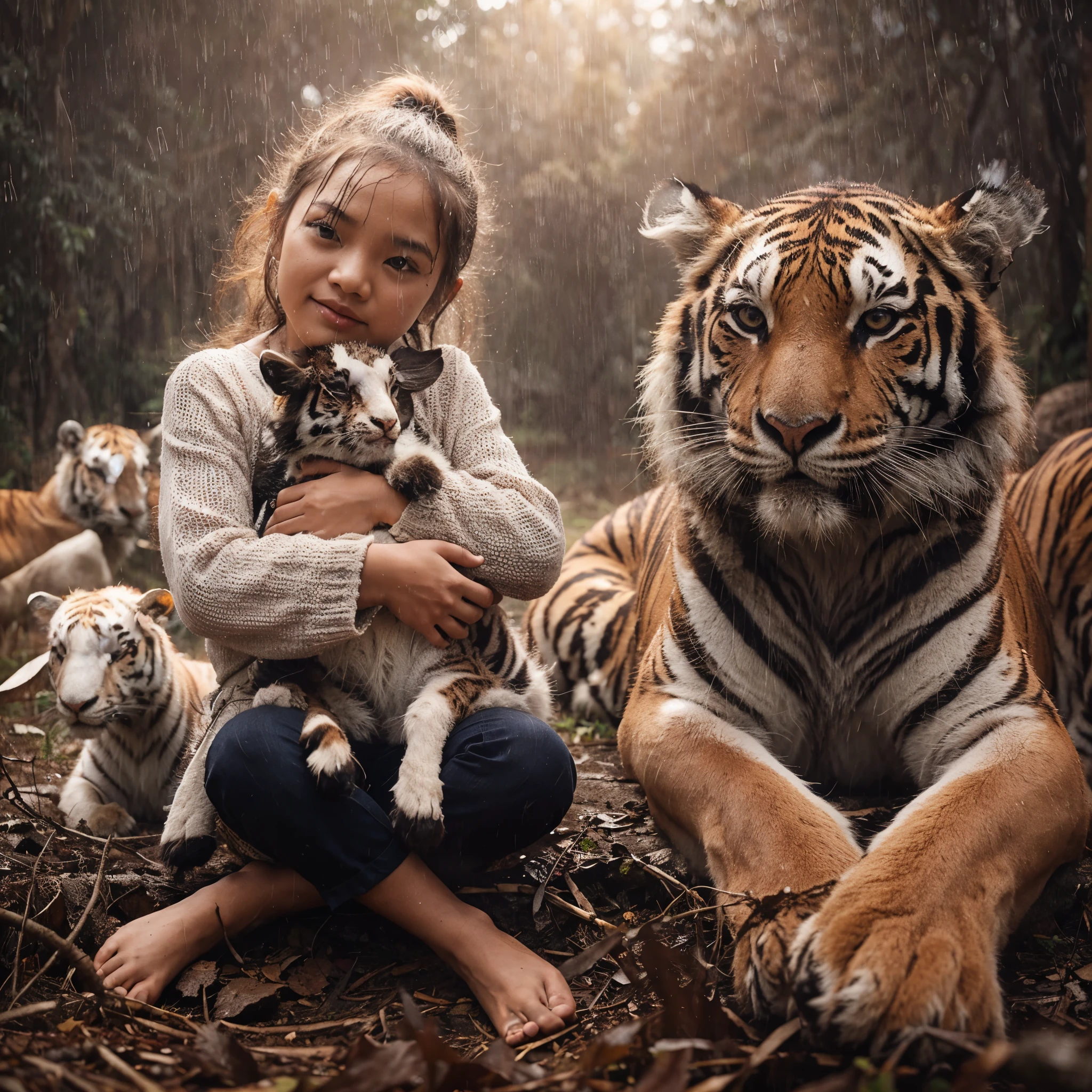 , Indonesian girl, rain, rain under the tree, tiger, sheep, forest