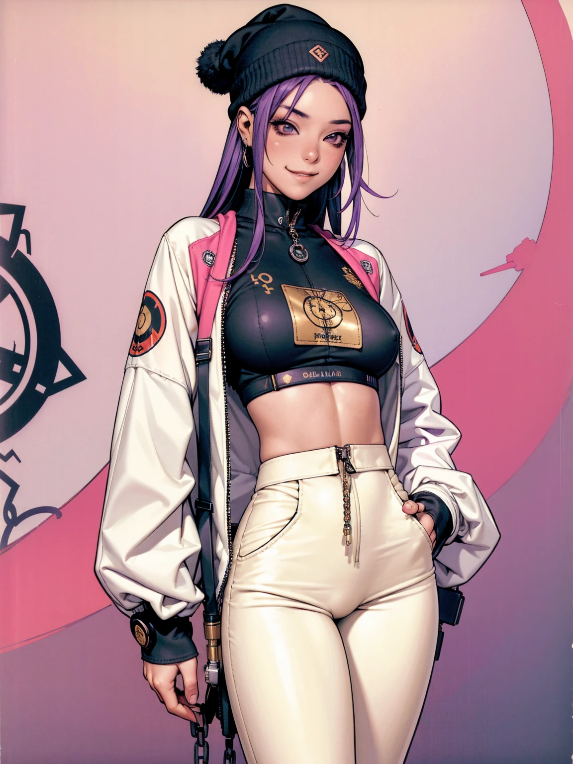 (((best qualityer))), (((absurdres))), (((1girl))), (((Urban girl))), (((malicious smile))), a beautiful and sexy girl with multi-colored hair wearing ultra modern clothes with kanjis printed on her nylon jacket with diamond-shaped stitching, (((slim with fitness body))), bright and contrasting colors, Hip-hop style low-waisted wide-leg pants with panty straps showing, stylish Beanies with vertical seams, Brand logo, hip-hop gold neck chains, padlock, buttons with Japanese art, multi colored hair and futuristic modern cut, with your hand in your pocket, in the background buildings and walls with colorful graffiti, under boob, manga style