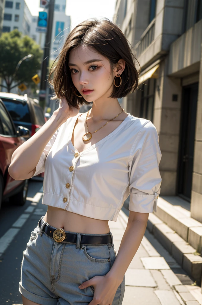 (masterpiece, best quality, beautiful and aesthetic:1.3), 1 Girl, Solitary, White waist short suit，Gold suit buttons，White shirt，White trousers，A faint smile, portrait, Looking at the audience, Android 18, White short hair, blue eyes, eyelash, hoop earrings, earrings, (Korean:0.6), necklace, On the Street