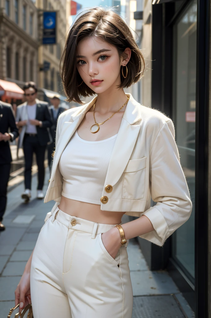 (masterpiece, best quality, beautiful and aesthetic:1.3), 1 Girl, Solitary, White waist short suit,Gold suit buttons,White shirt,White trousers,A faint smile, portrait, Looking at the audience, Android 18, White short hair, blue eyes, eyelash, hoop earrings, earrings, (Korean:0.6), necklace, On the Street