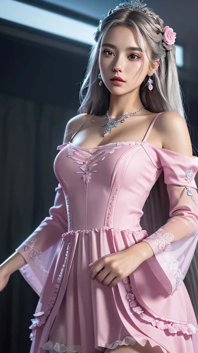 (Masterpiece, Best Quality: 1.4), Detailed Background, Crystal, Crystal Cluster, Long Hair, Jewelry, Earrings, Necklace, Crown, Bride, Hair, Halo, (Overlook), Dynamic Angle, Ultra Detailed, Illustration, Close Up, Direct Look, 1girl, (Fantasy: 1.4), (detailed Eyes: 1.233), Her Eyes Shine Like Dreamy Stars, (Glow Eyes: 1.233), (Beautiful and Delicate Eyes: 1.1), (Silver Hair: 1.14), (Messy Hair, Very Long Hair, French braids, hair between the eyes, side hair), (hair flower: 1.14)), (chiffon dress, uniform pink flower pattern)/= (military uniform: 1.24), (split sleeves, wide sleeves), (fingerless gloves), choker, (miko thighhighs), high heeled boots, (expressionless, shut up), (standing), (classical princess boudoir with dresser floor-to-ceiling windows ancient palace), (pink flowers, blooming), (deep sea), (flowing water), (dark pink world tree:1.14),(Ruins),(Night:1.2),dreamy,Soul,(fluorescent),(Flying Translucent pink Butterfly:1.15),[Delicate Fingers and Hands:0.55]::0.85], (Finger Detail), (Yubao:0.5)
