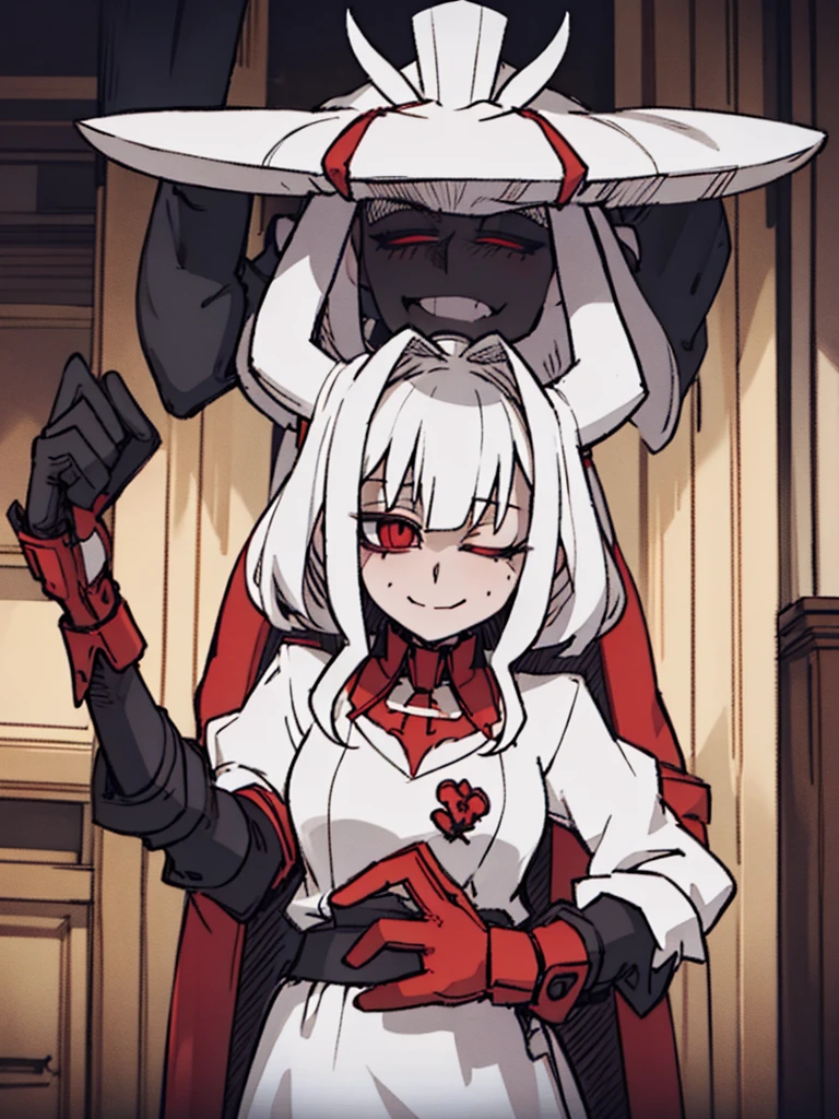 Score_9, score_8_up, score_7_up, score_6_up, gyaru, source_anime, 1girl, solo, macabre and sinister woman, long hair that covers the eyes, sinister and macabre smile, Eyes red, short white dress, mulher dato.