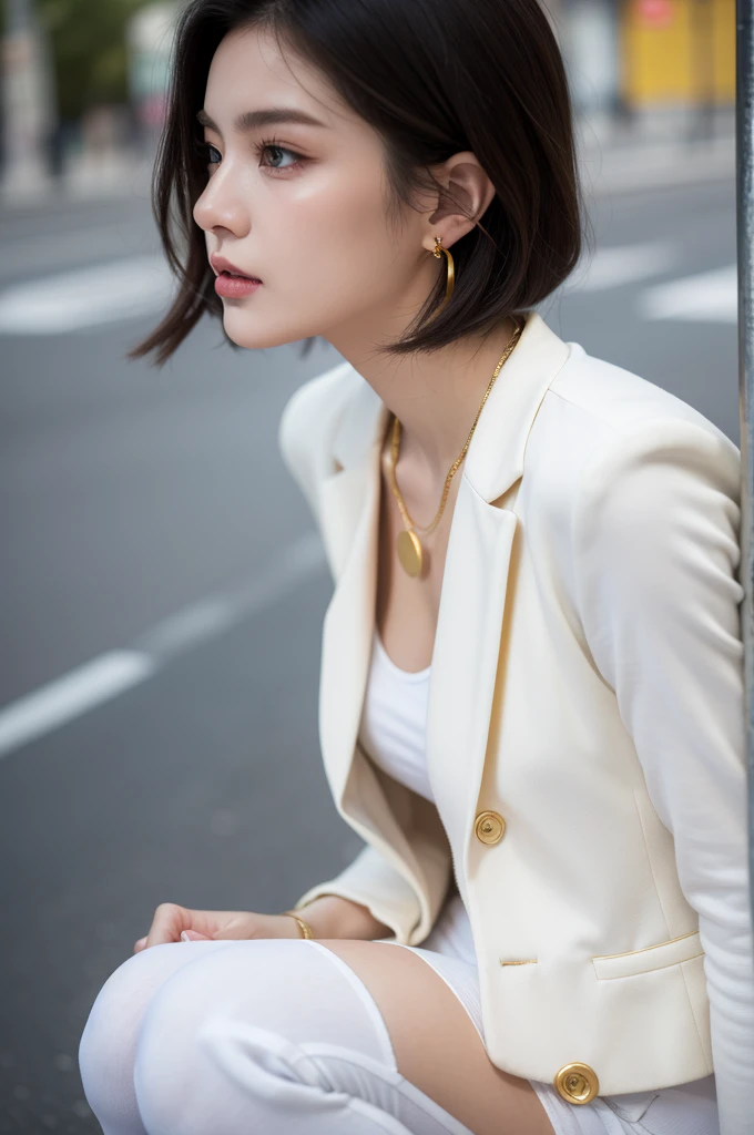 (masterpiece, best quality, beautiful and aesthetic:1.3), 1 Girl, Solitary, White waist short suit,Gold suit buttons,White shirt,White trousers,A faint smile, portrait, Looking at the audience, Android 18, White short hair, blue eyes, eyelash, hoop earrings, earrings, (Korean:0.6), necklace, On the Street