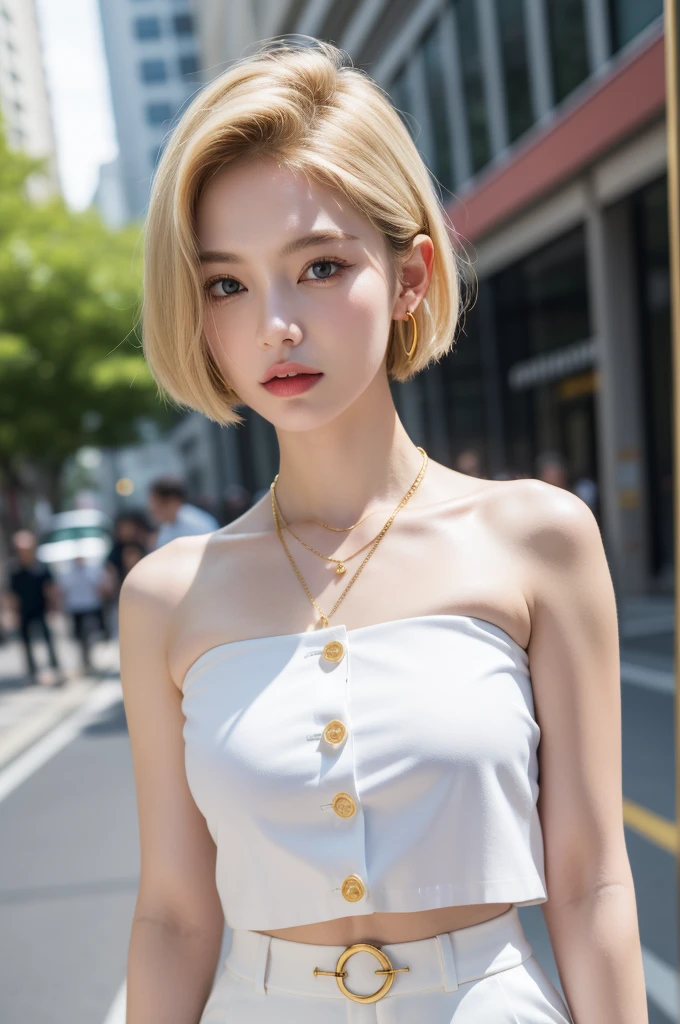 (masterpiece, best quality, beautiful and aesthetic:1.3), 1 Girl, Solitary, White waist short suit，Gold suit buttons，White shirt，White trousers，A faint smile, portrait, Looking at the audience, Android 18, White short hair, blue eyes, eyelash, hoop earrings, earrings, (Korean:0.6), necklace, On the Street